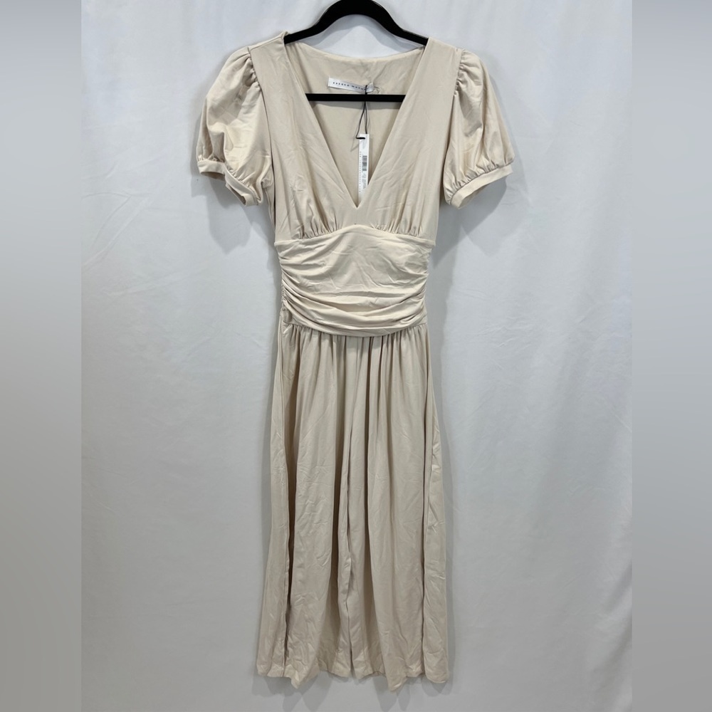 Susana Monaco V Neck Jumpsuit Size Small Beige (Almond) Wide Leg Ruched Stretch